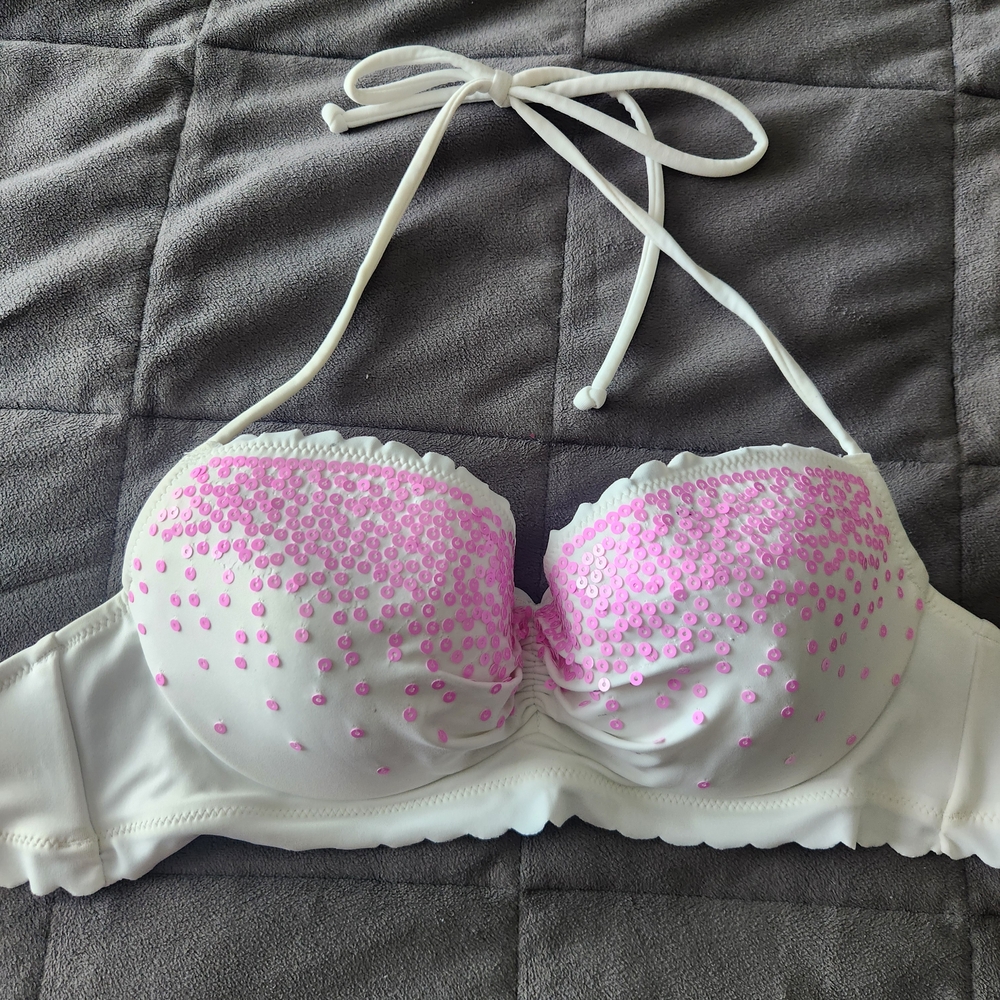 Victoria's Secret White and Pink Halter Bikini Top With Sparkling Sequin Details